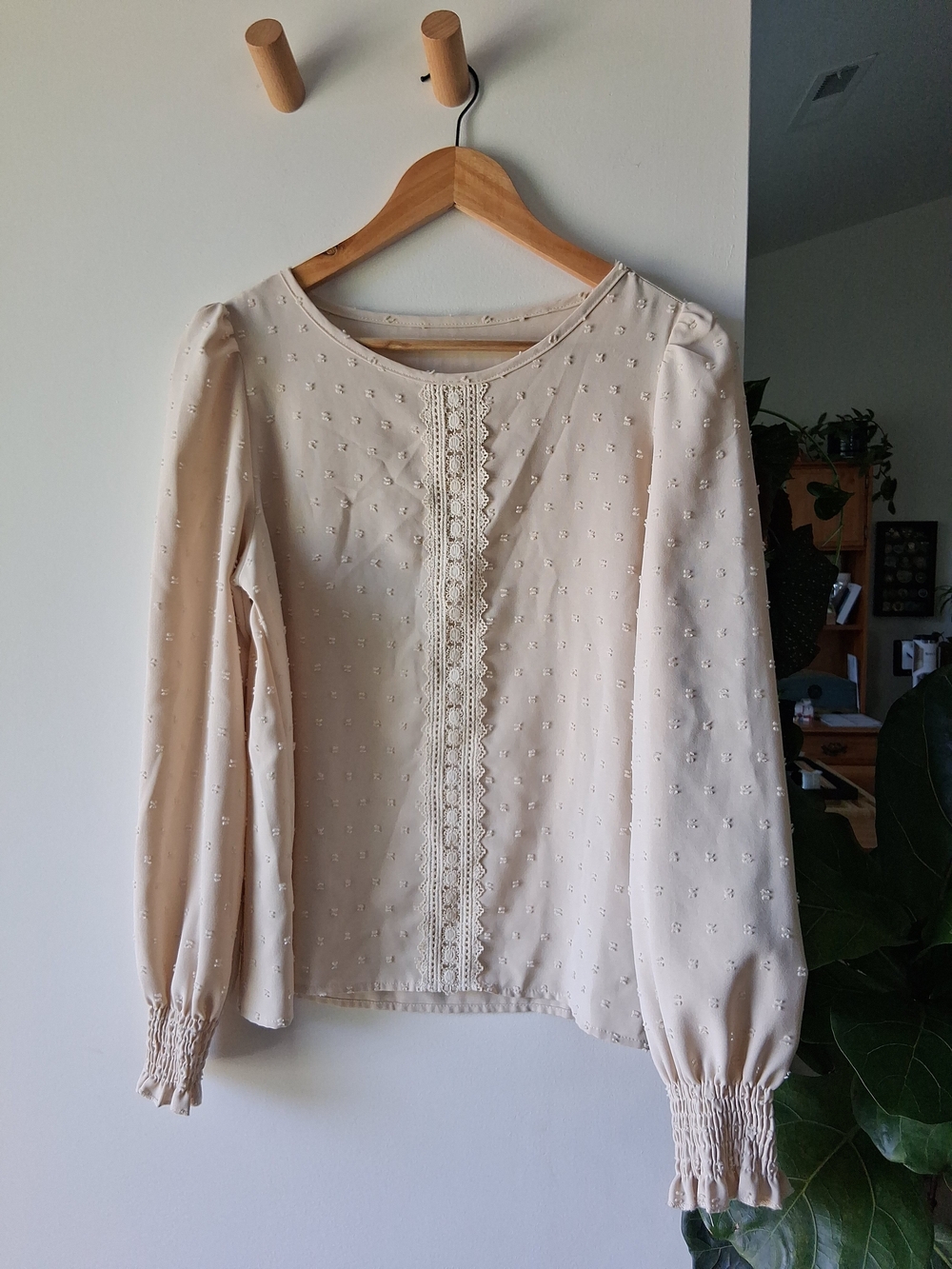 Cream Long-Sleeve Lace-Trim Peasant Blouse